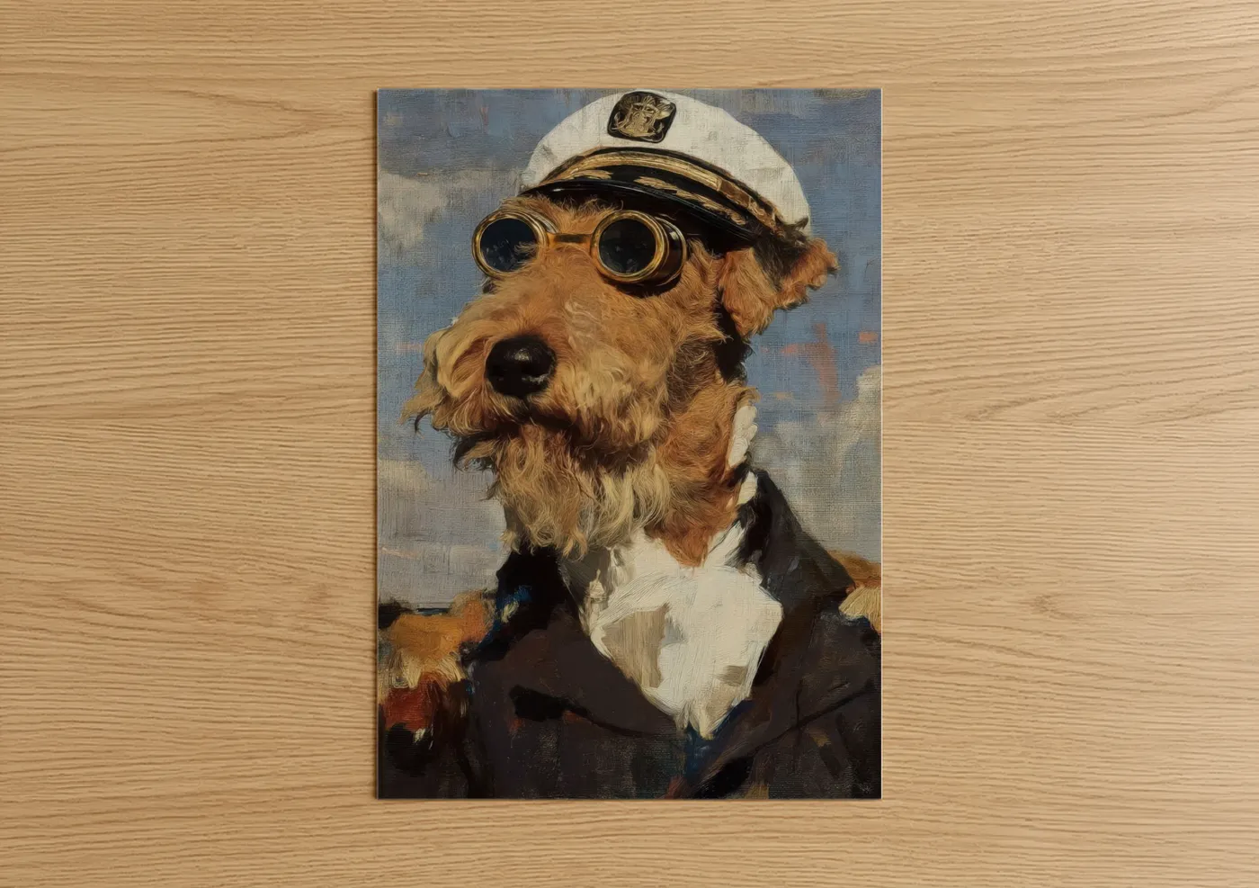 Art print on warm oak wood — gold and blue and white palette — Captain Terrier poster