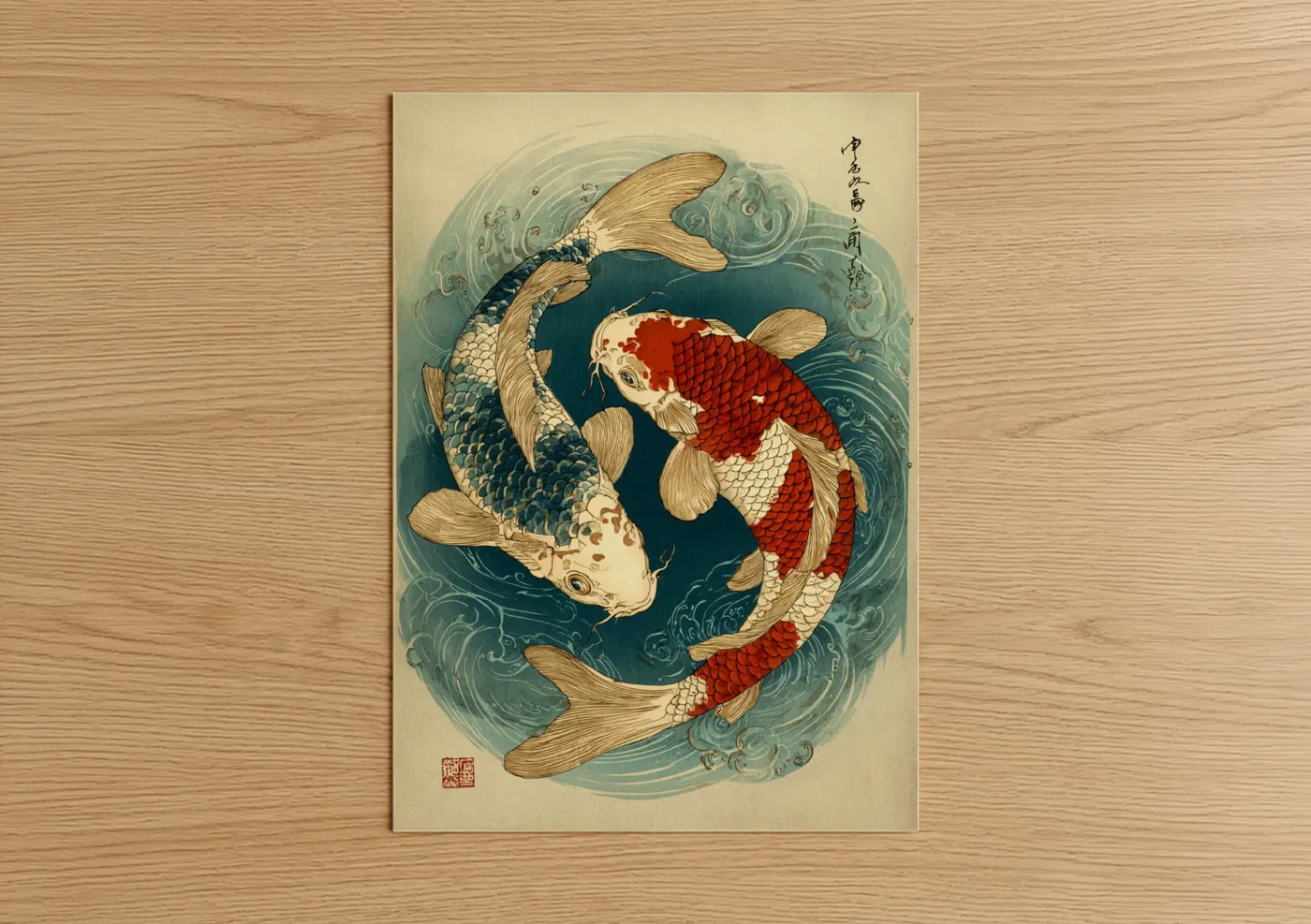 Koi fish art print on warm oak wood — dark blue and red palette — Yin Yang Koi poster