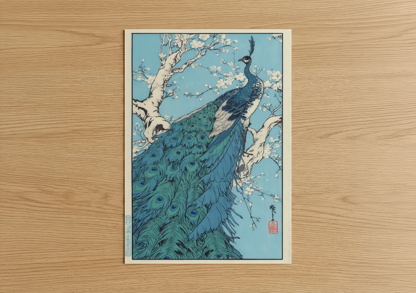 Art print on warm oak wood — blue and white palette — Blossom Peacock poster