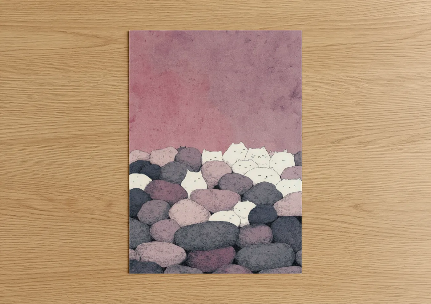 Whimsical Cat Stone Wall Illustration Wall Art