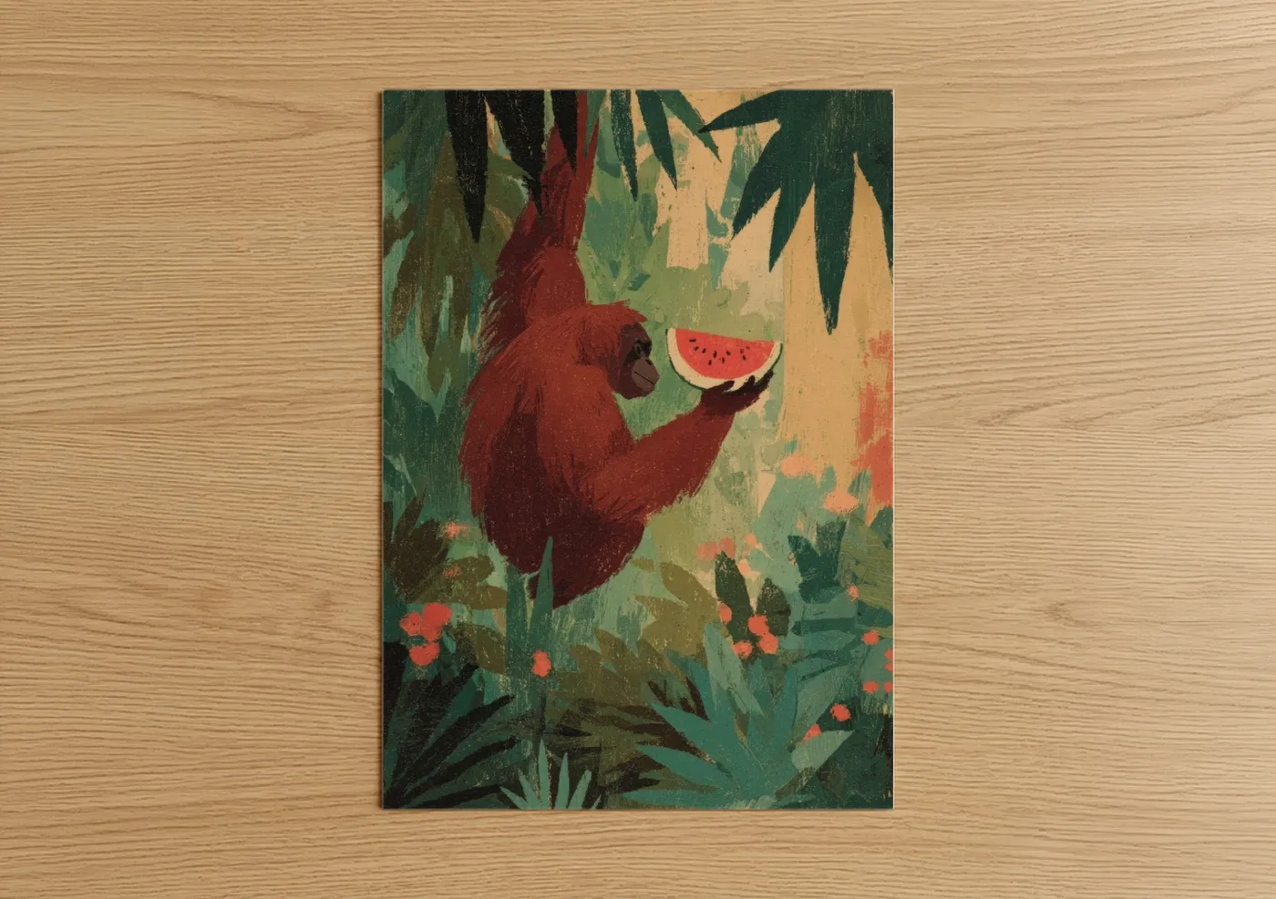 Crimson Orangutan Holding Watermelon Wall Art