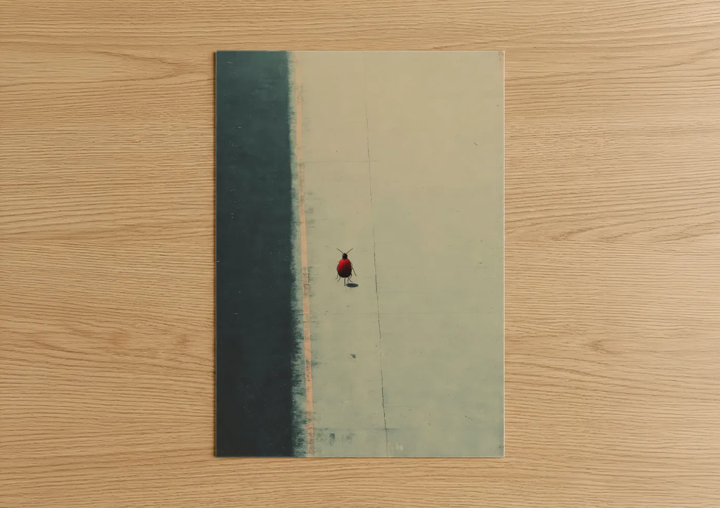 Art print on warm oak wood — teal and cream palette — Red Ant Minimalist poster