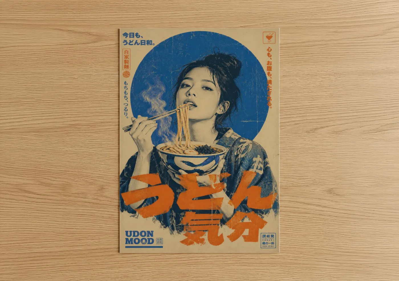 Pasta art print on warm oak wood — blue and orange palette — Vintage Japanese Noodle Ad Wall Art poster