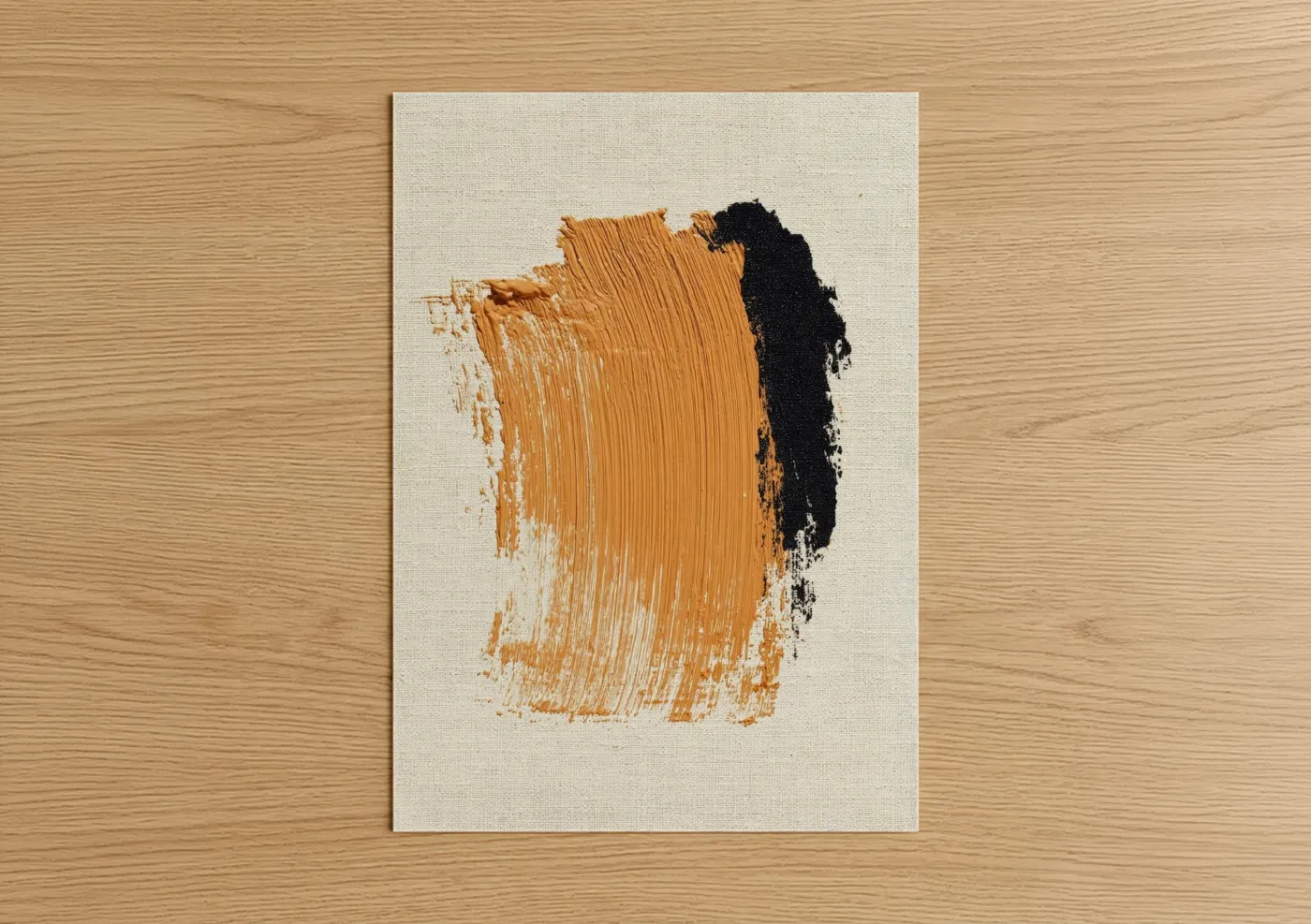 Abstract minimalist art print on warm oak wood — yellow gold and black palette — Ochre Gesture poster