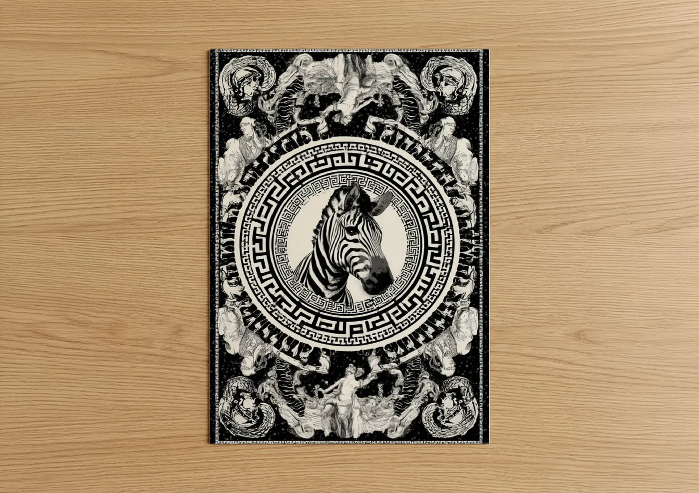 Art print on warm oak wood — black and white palette — Classical Zebra Portrait poster