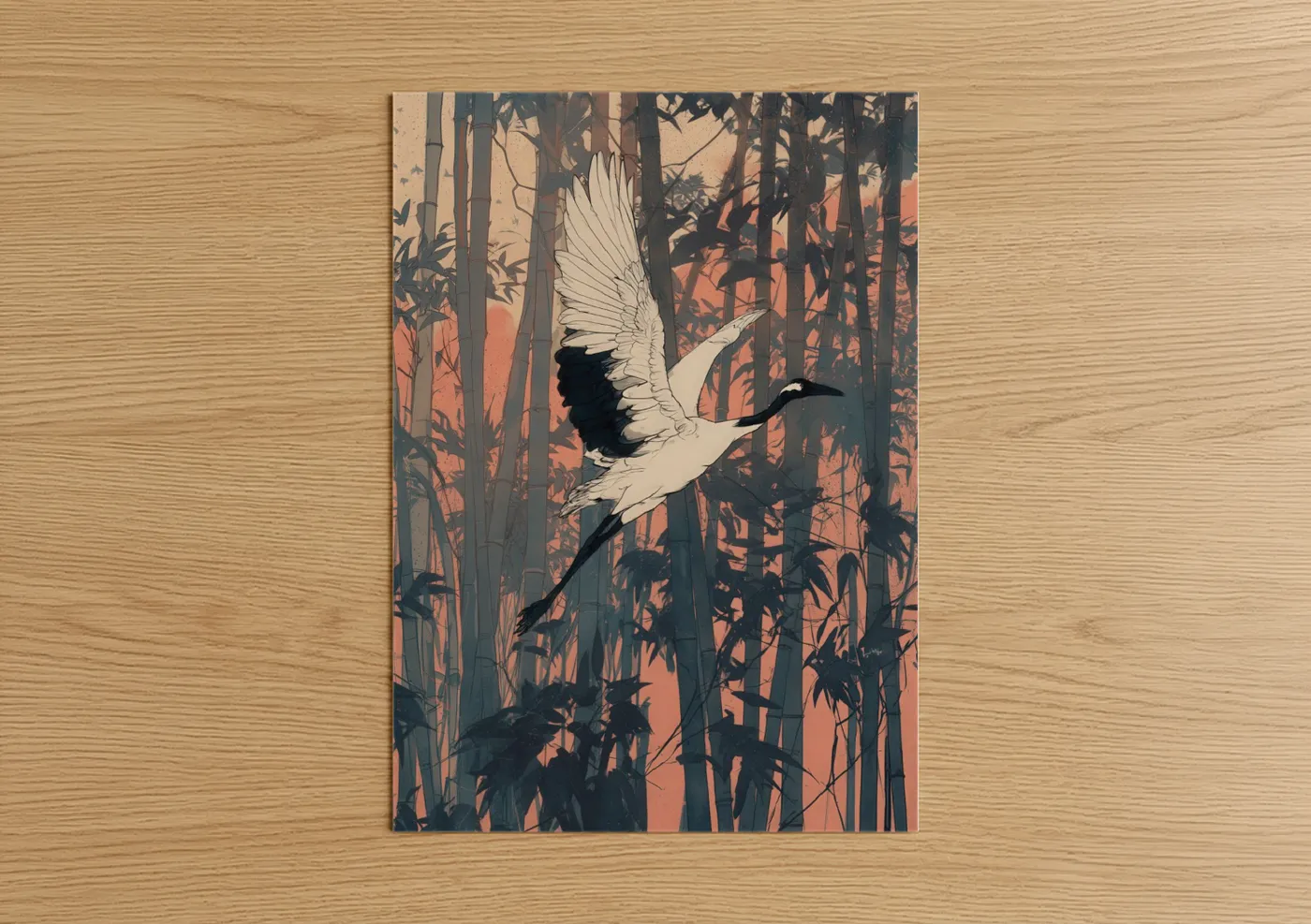 Crimson Crane Flight Through Bamboo Forest Wall Art