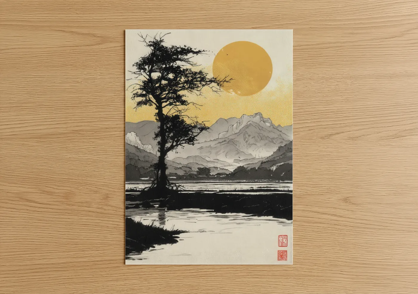 Golden Sun Mountain Landscape Japanese Wall Art