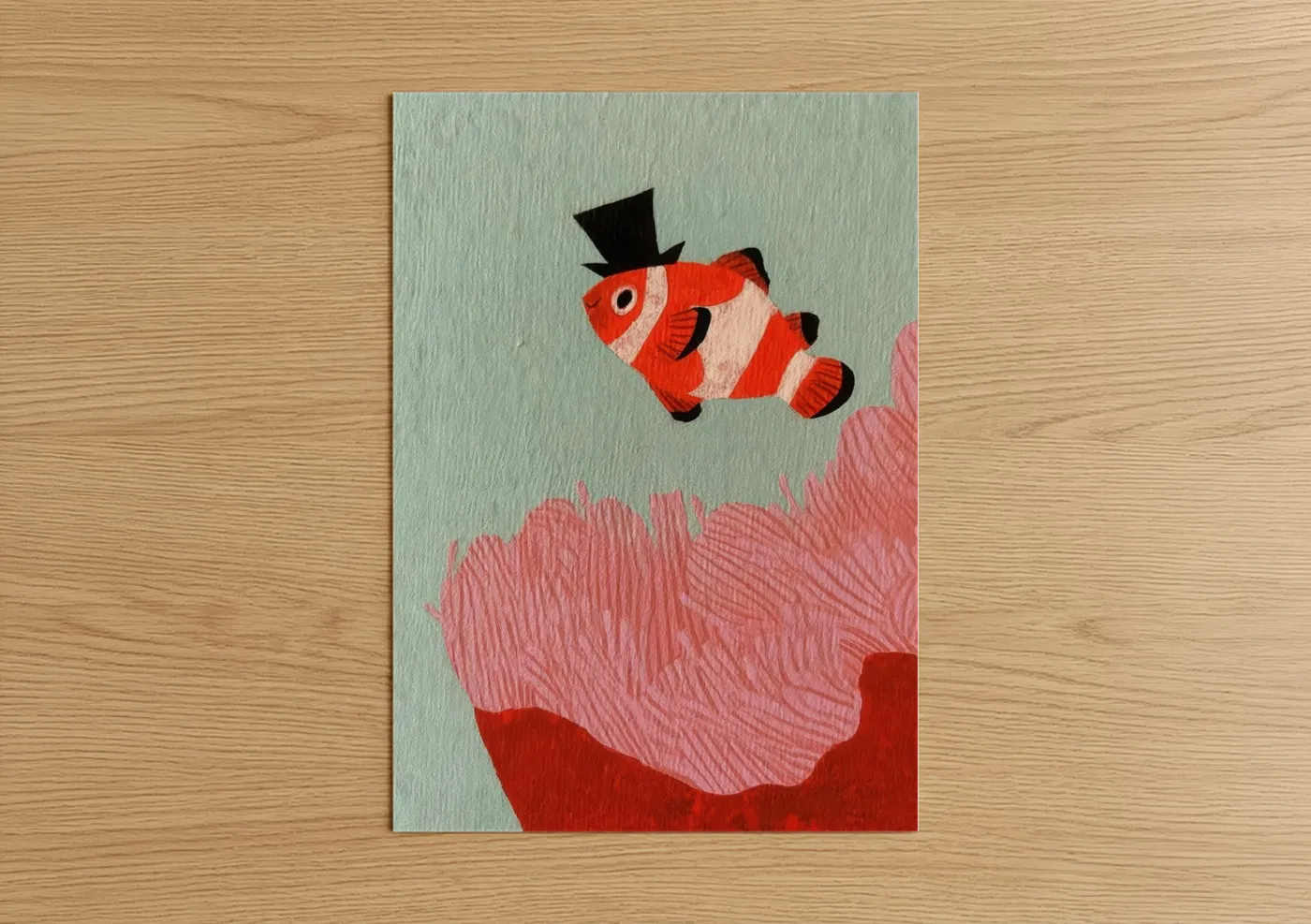 Clown fish art print on warm oak wood — red and light green palette — Fancy Clownfish poster