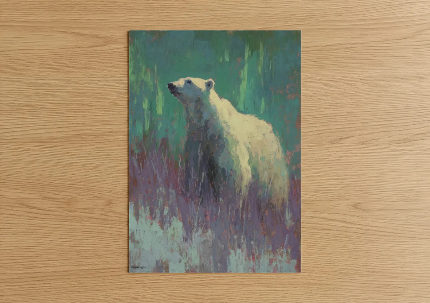 Polar bear art print on warm oak wood — teal and purple palette — Arctic Sentinel poster