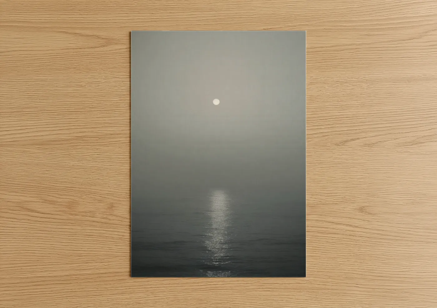 Sunrise art print on warm oak wood — gray and white palette — Misty Dawn poster