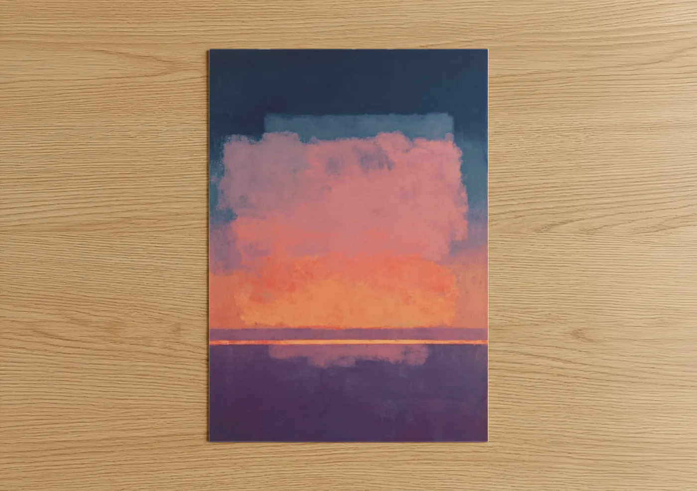 Abstract expressionism art print on warm oak wood — salmon pink and dark blue palette — Twilight Gradient poster