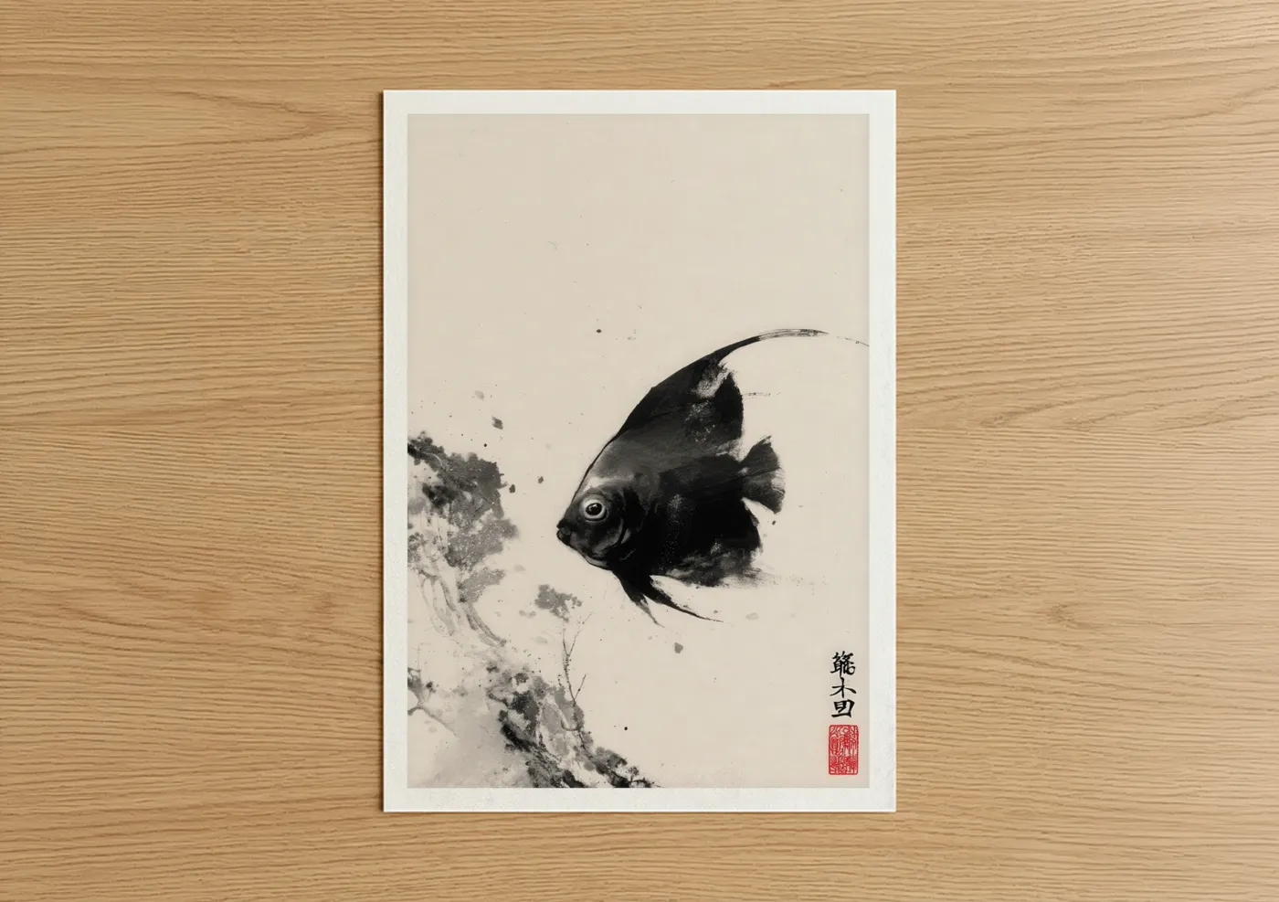Black Angel Fish Ink Wash Watercolor Wall Art