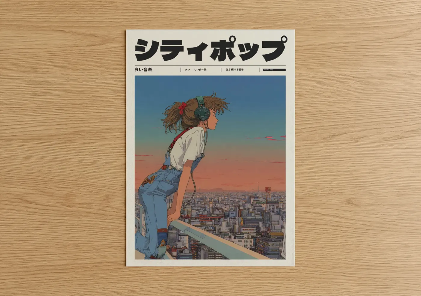 Anime Girl Headphones Urban Sunset Wall Art