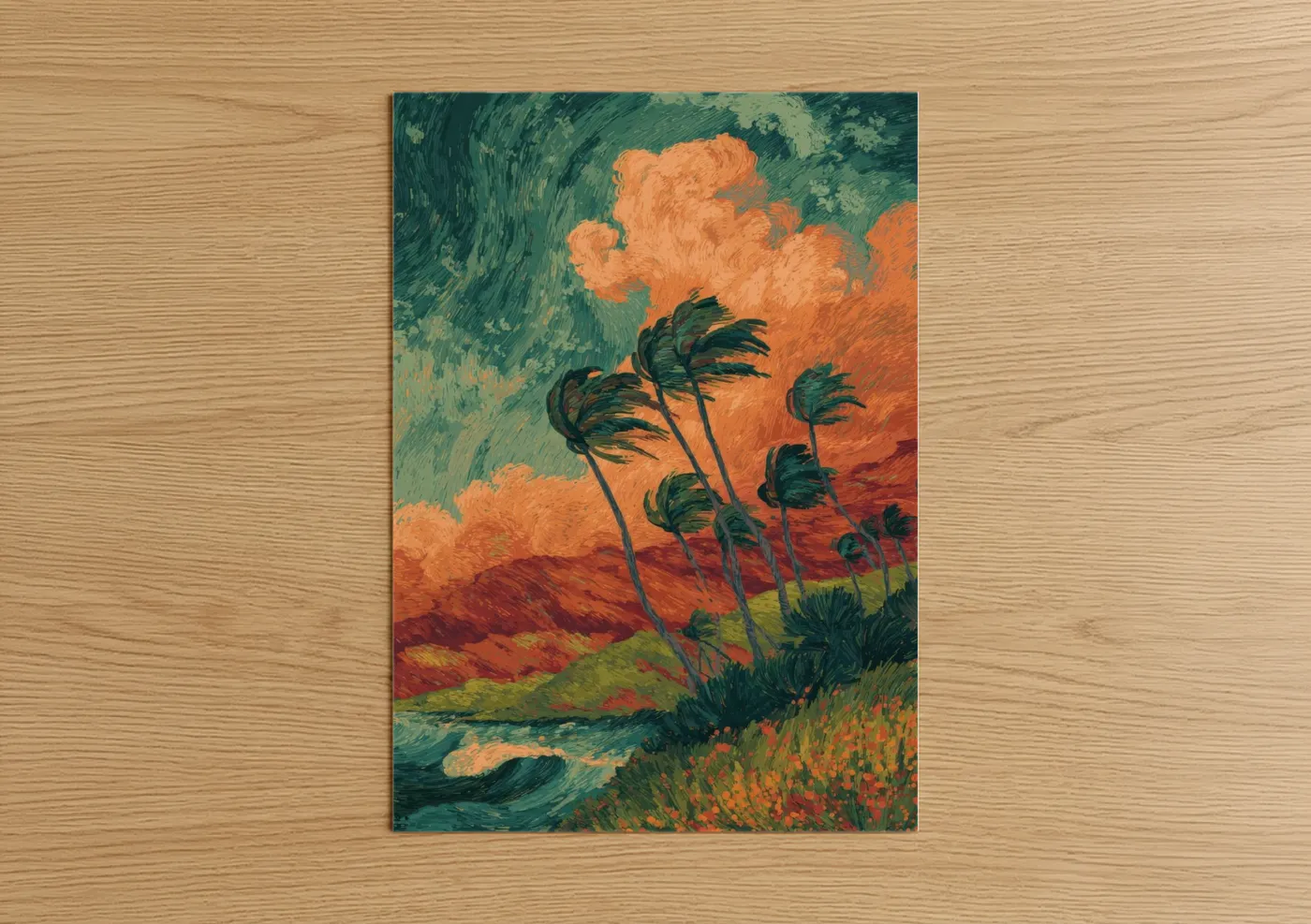 Art print on warm oak wood — orange and dark green palette — Windswept Storm poster