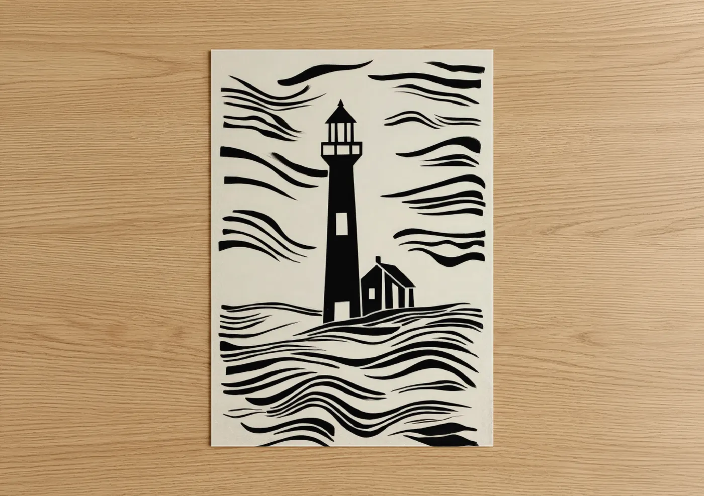 Art print on warm oak wood — black and white palette — Coastal Lighthouse poster