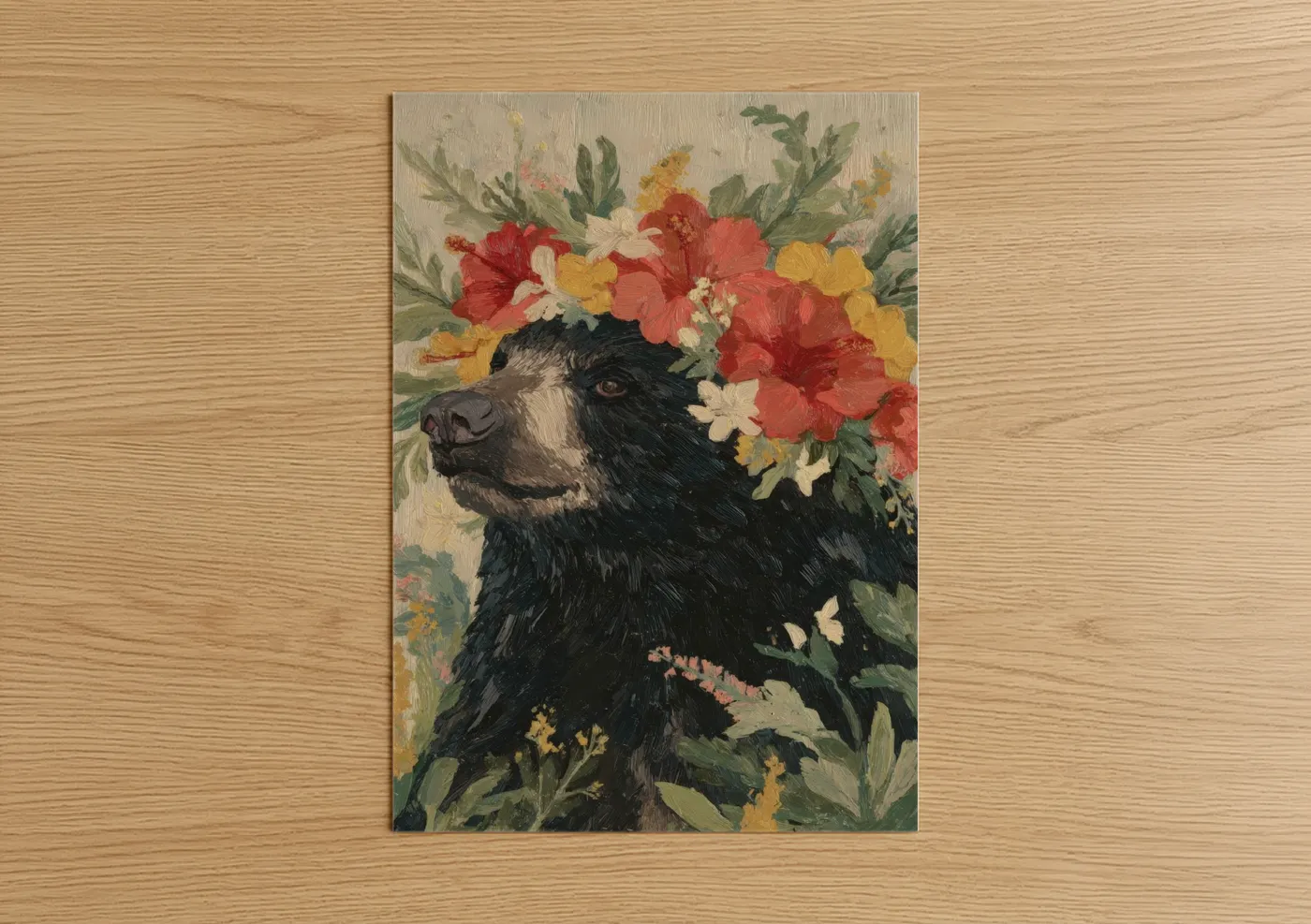 Art print on warm oak wood — red and gold palette — Floral Sloth Bear poster