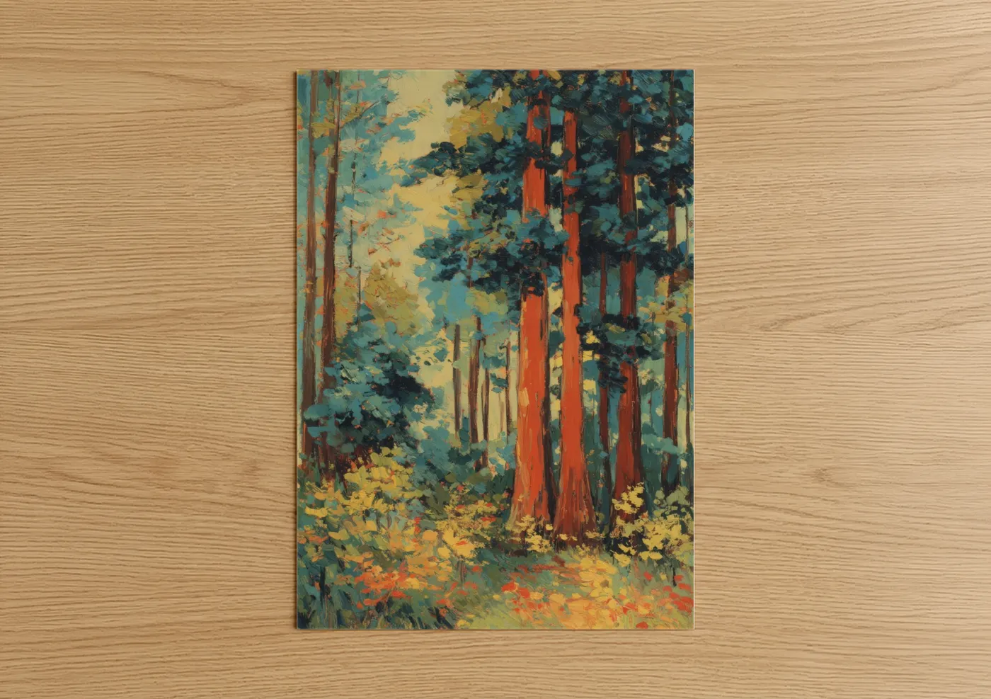 Redwood tree art print on warm oak wood — gold and teal palette — Autumn Redwood Forest poster