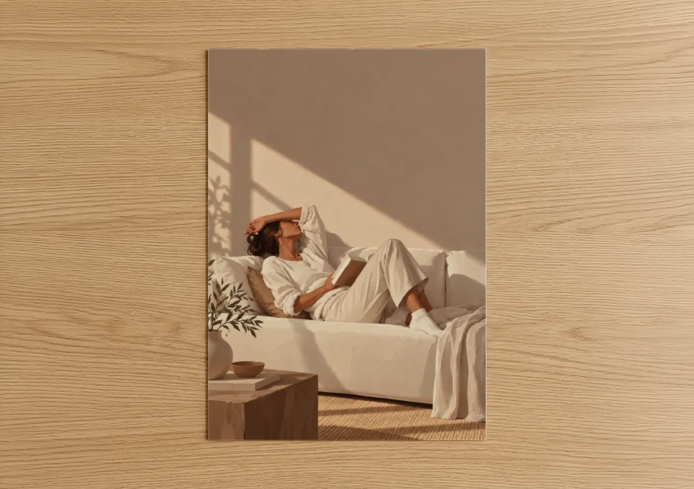 Art print on warm oak wood — beige and cream palette — Serene Reading Moment Wall Art poster