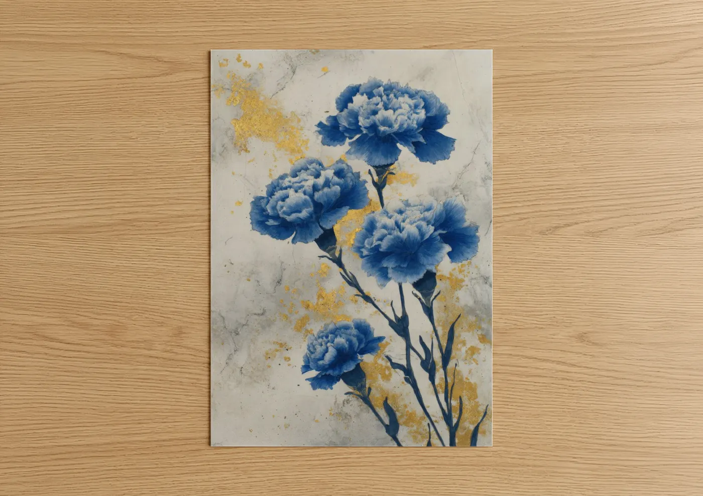 Blue Carnations Gold Leaf Watercolor Wall Art
