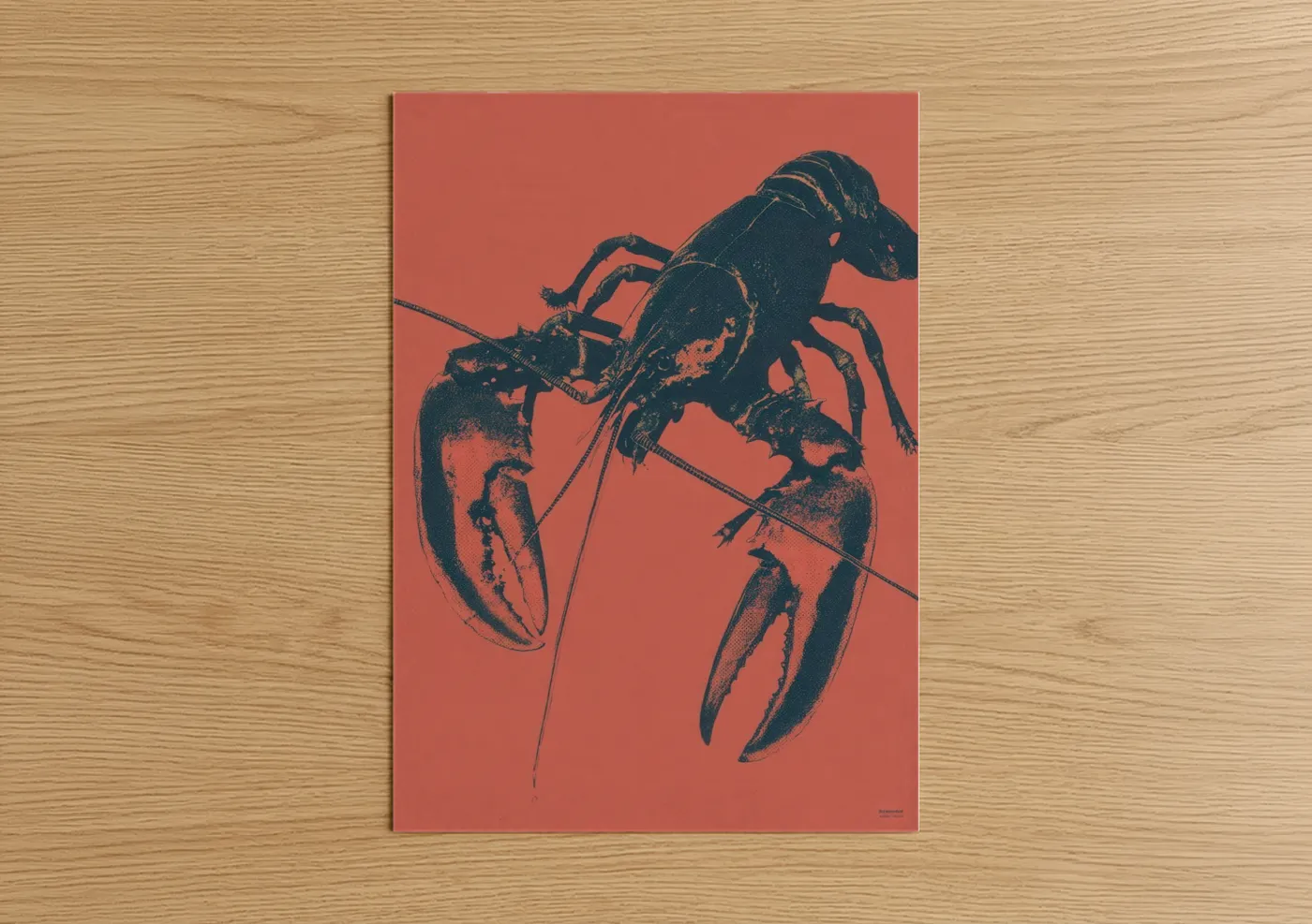 Art print on warm oak wood — blue palette — Coral Crayfish poster