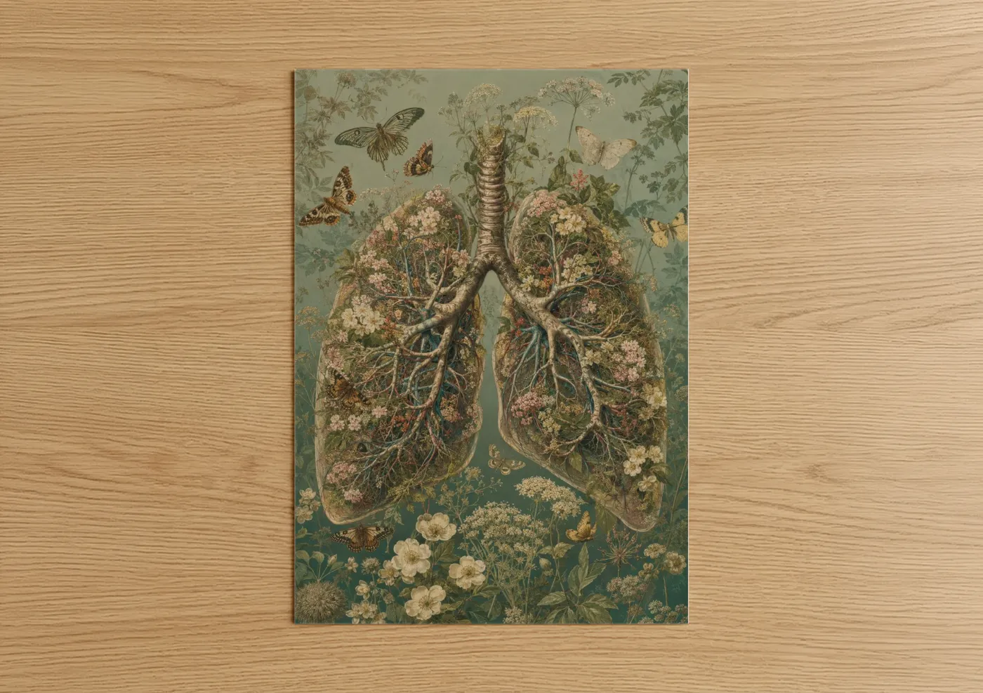 Art print on warm oak wood — sage green and cream palette — Botanical Lungs Surreal Butterfly Wall Art poster