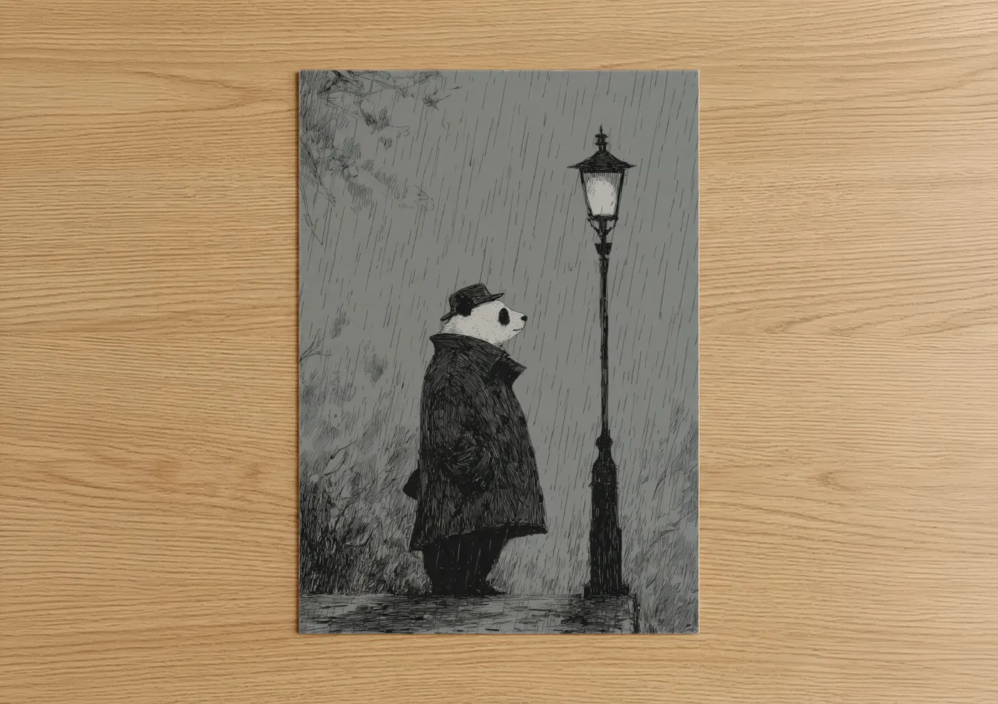 Rainy Contemplation Panda Line Wall Art