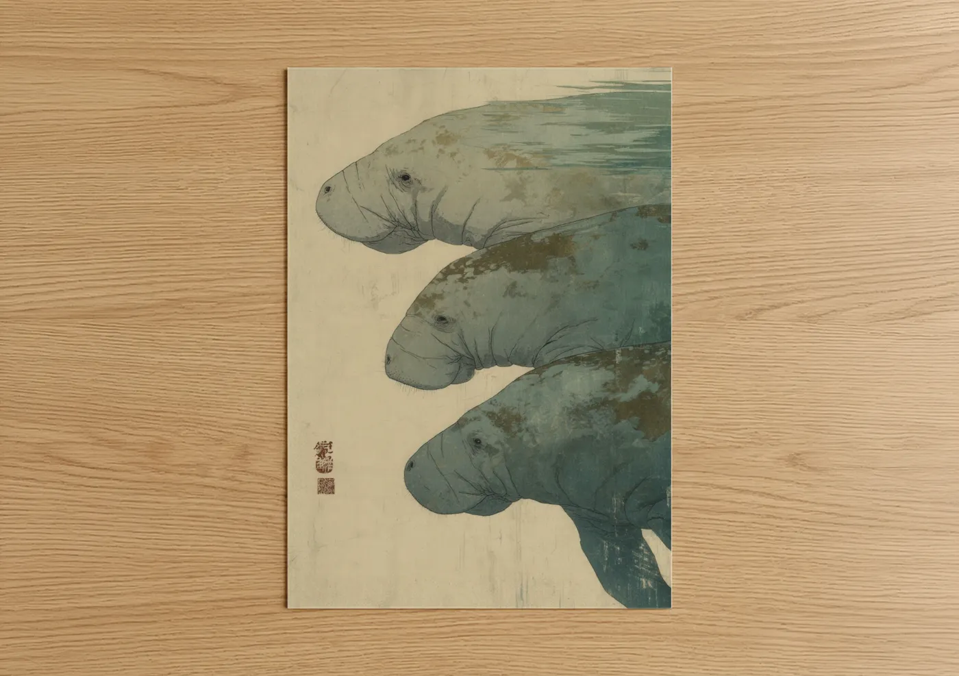 Peaceful Manatee Trio Watercolor Wall Art