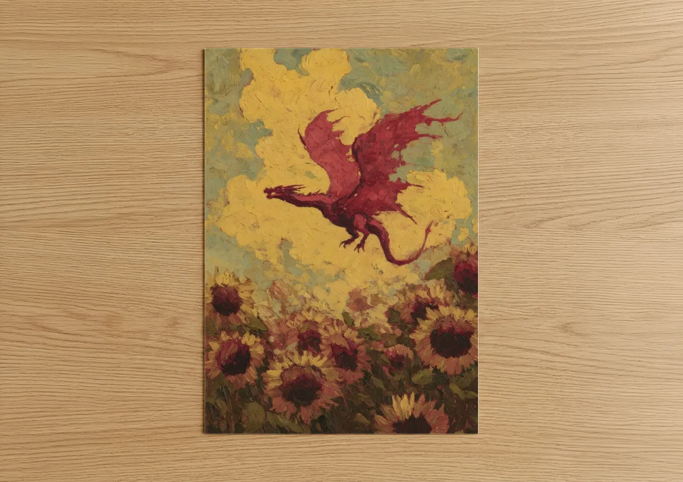 Art print on warm oak wood — yellow gold and maroon palette — Crimson Dragon Sunflowers poster