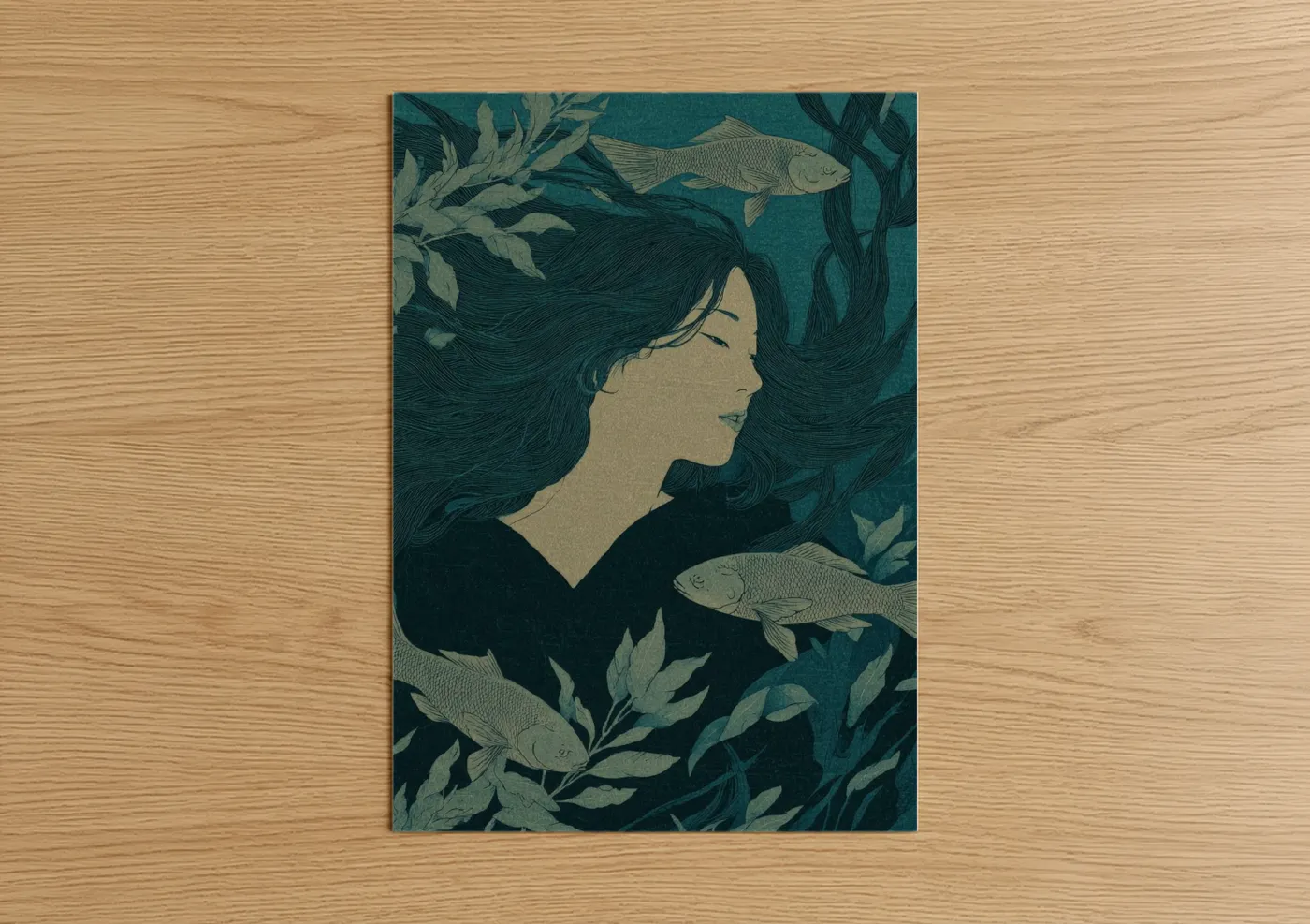 Art print on warm oak wood — teal palette — Underwater Siren poster