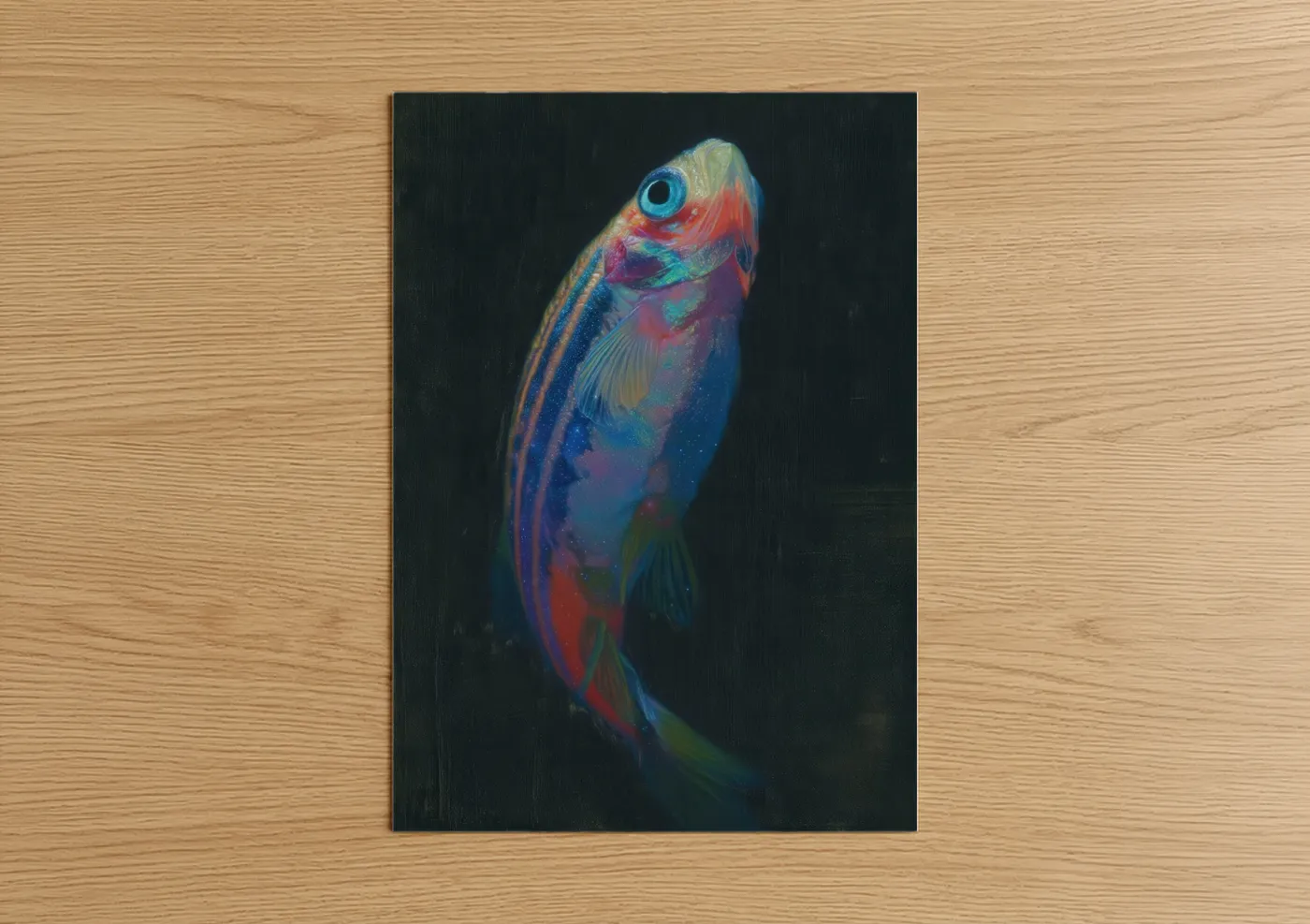 Art print on warm oak wood — blue and magenta palette — Bioluminescent Zebrafish poster