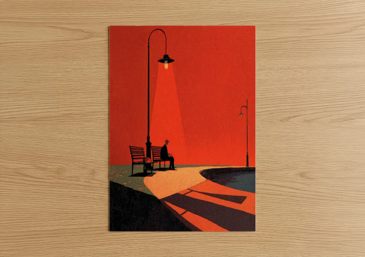 Docks and piers art print on warm oak wood — red and black palette — Luminous Dock poster