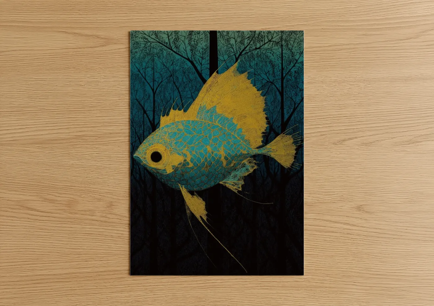 Art print on warm oak wood — gold and teal palette — Golden Dragon Fish poster