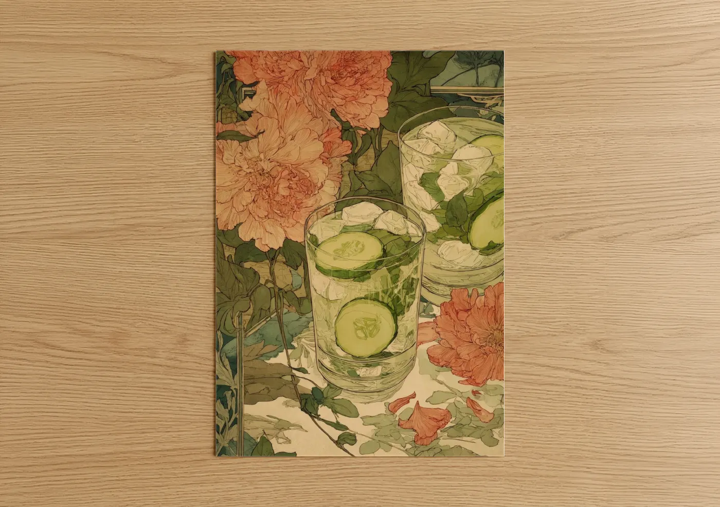 Cocktail art print on warm oak wood — peach and sage green palette — Cucumber Refresher poster