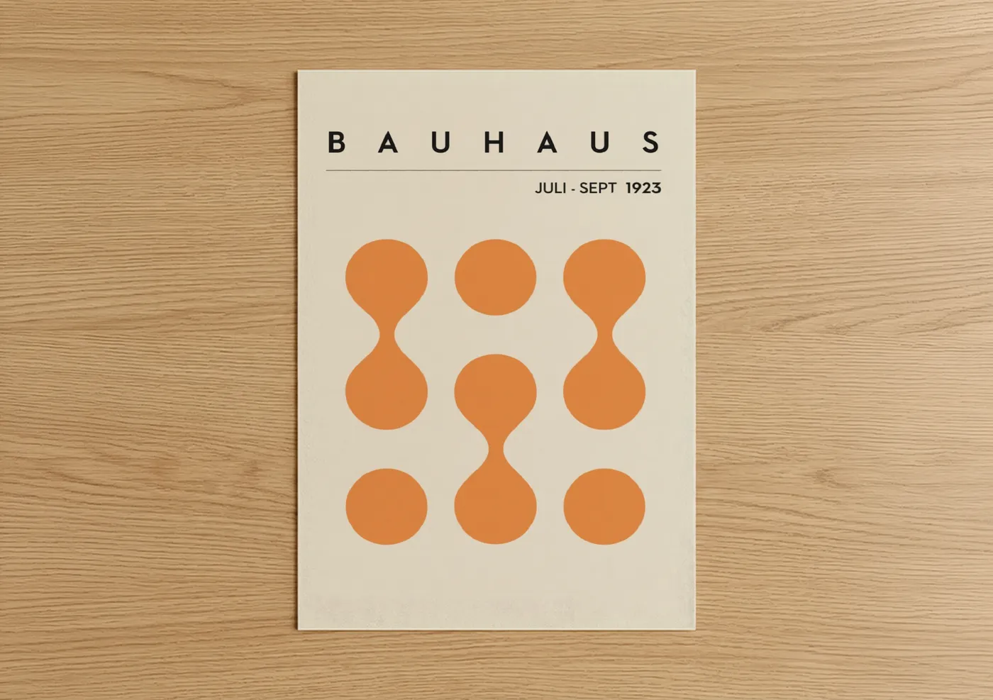 Abstract geometric art print on warm oak wood — pumpkin and cream palette — Bauhaus Circles poster