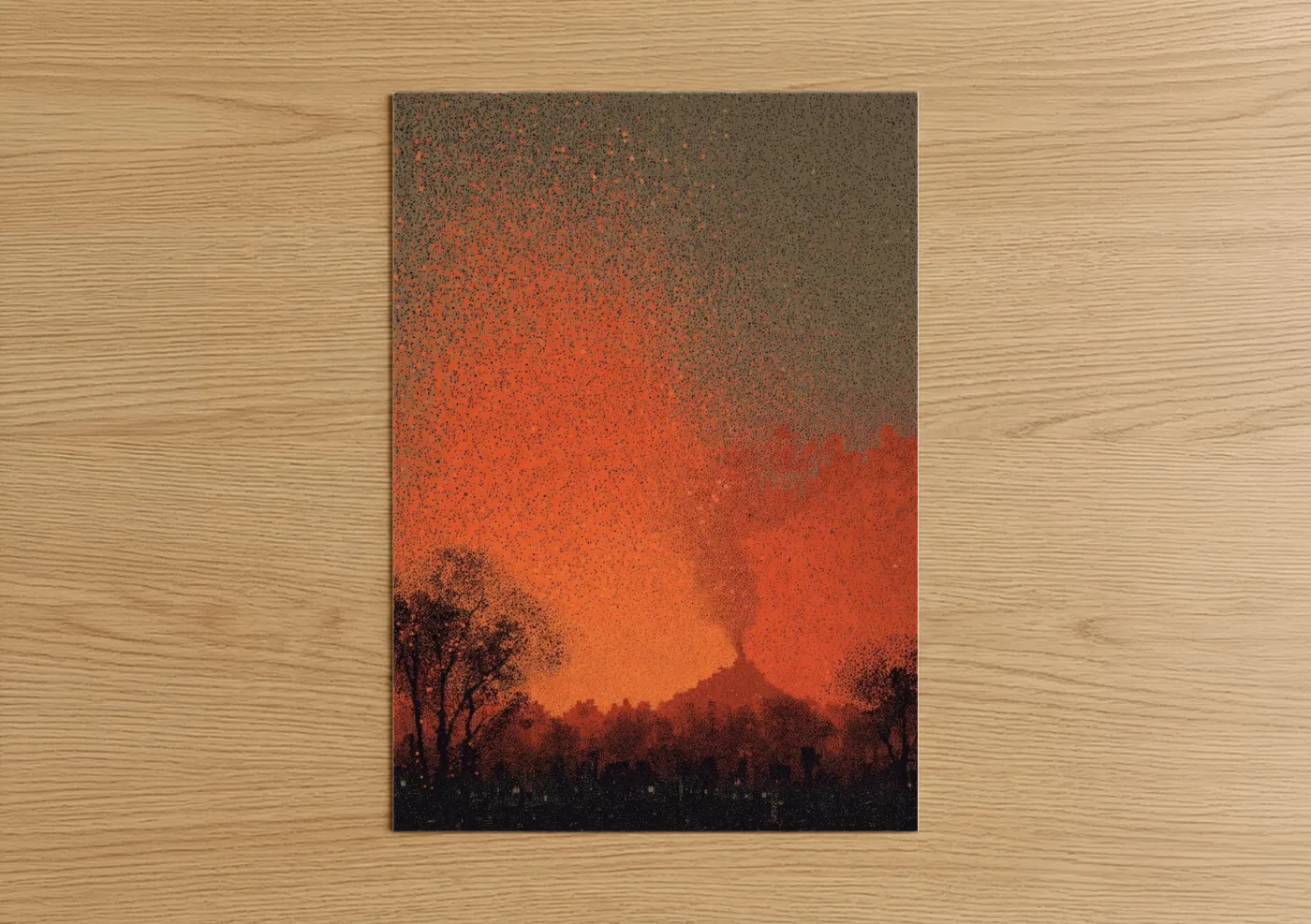 Art print on warm oak wood — red and orange palette — Crimson Volcano Sunset poster