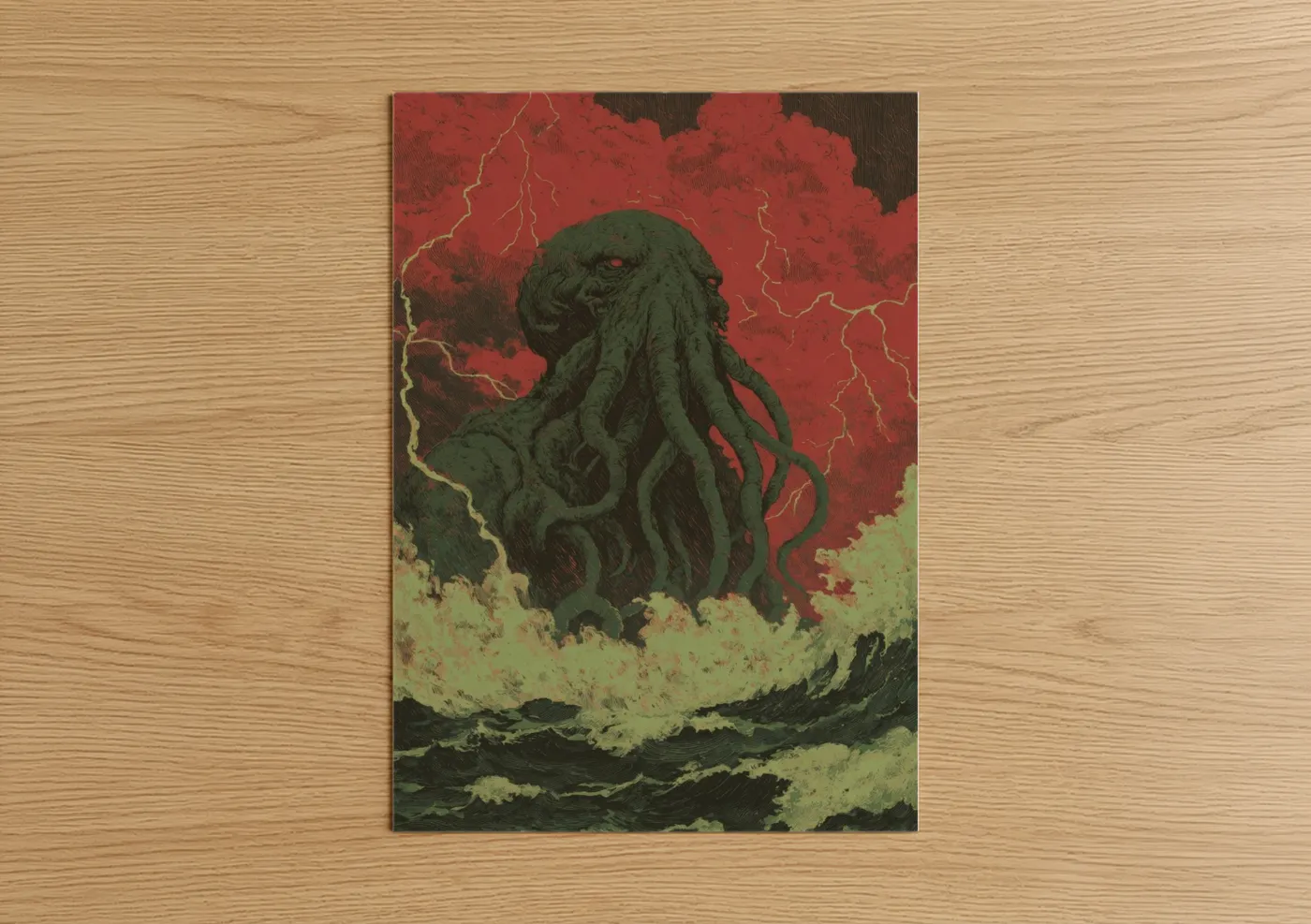 Art print on warm oak wood — red and dark green palette — Stormy Cthulhu poster