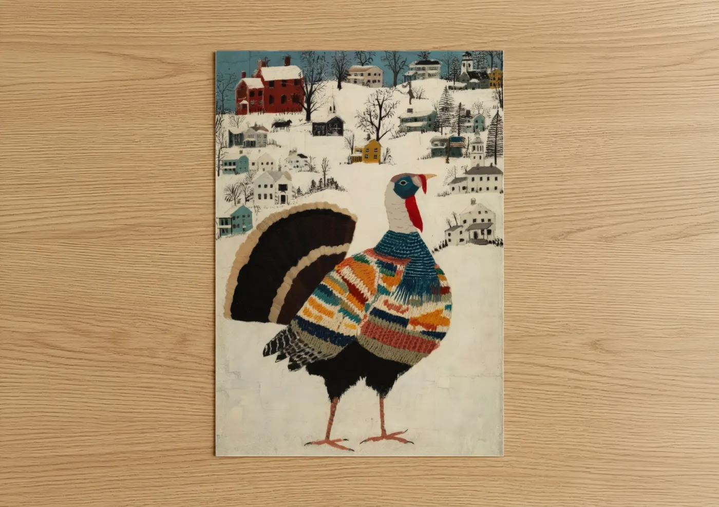 Art print on warm oak wood — orange and cream palette — Winter Turkey poster