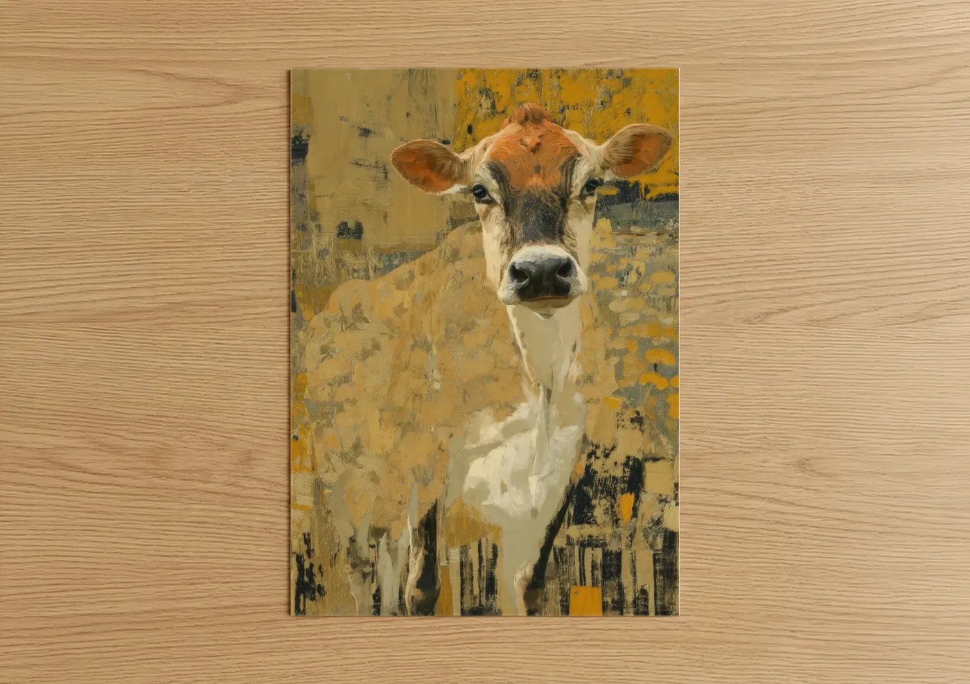 Art print on warm oak wood — gold and cream palette — Golden Jersey Cow poster