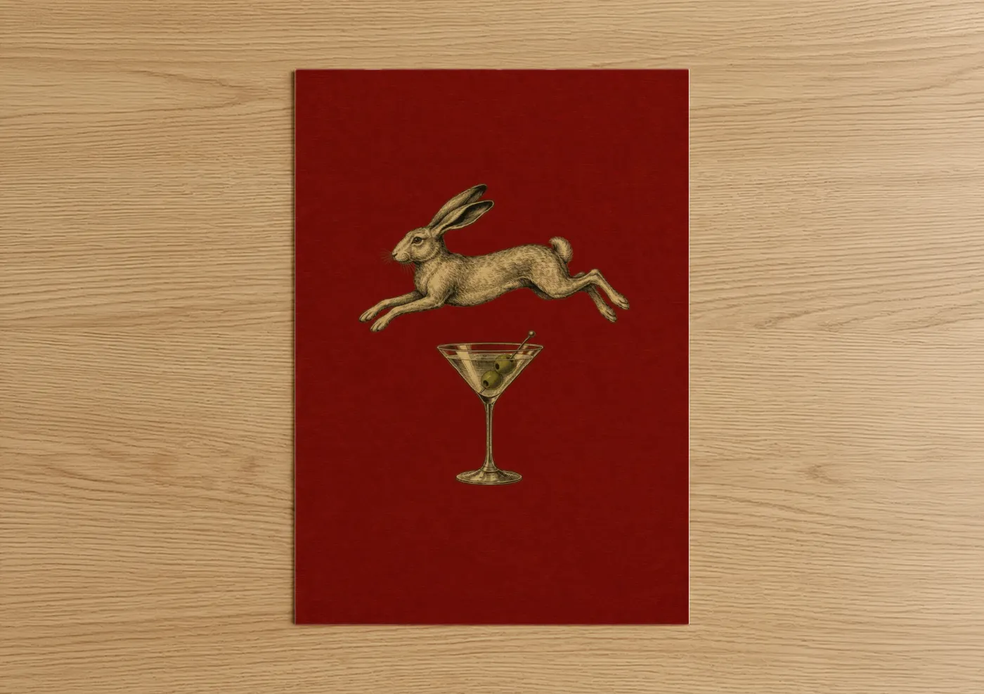 Art print on warm oak wood — red and gold palette — Surreal Rabbit and Martini Wall Art poster
