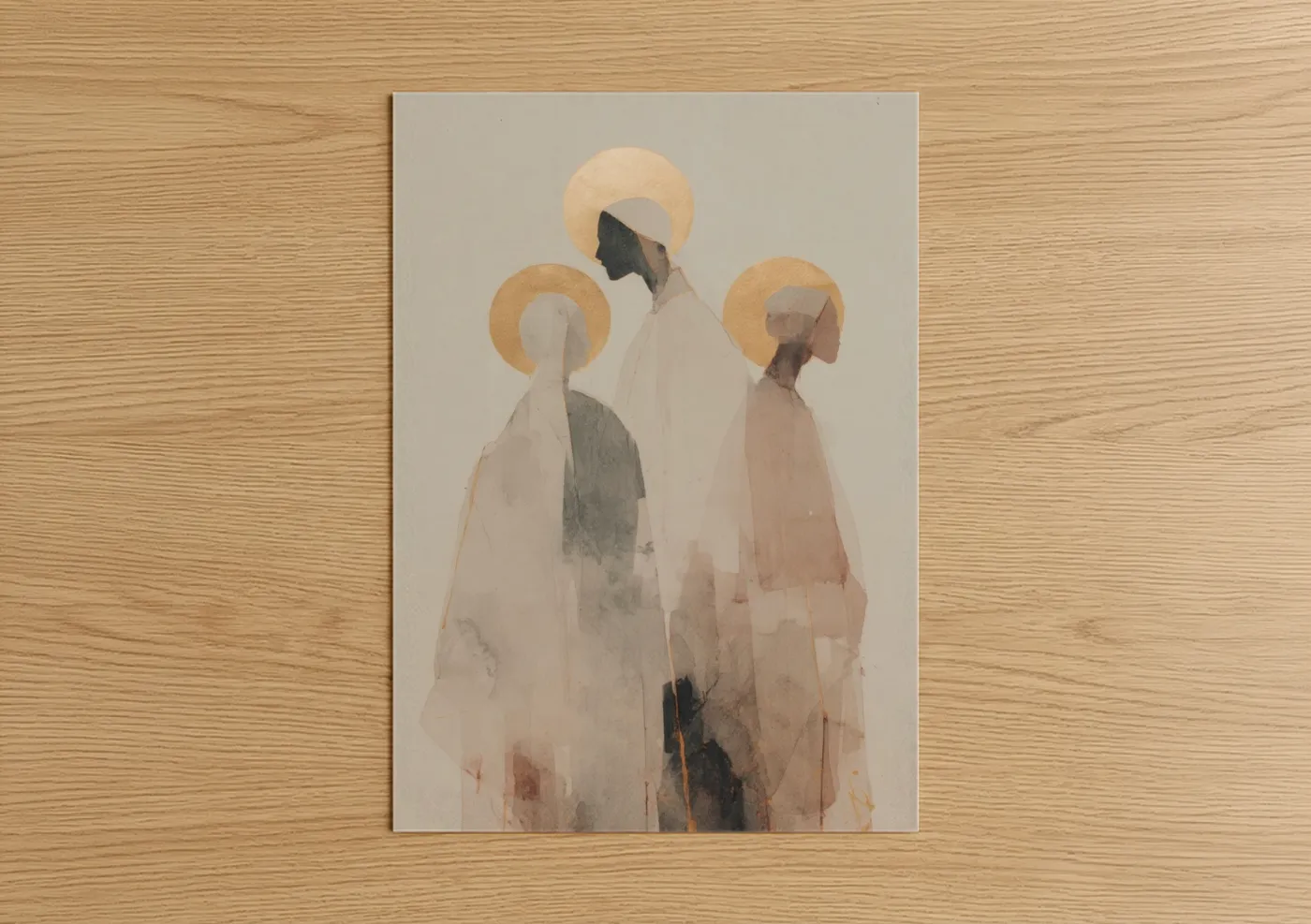 All saints day art print on warm oak wood — cream and dove gray palette — Ethereal Saints Trio poster