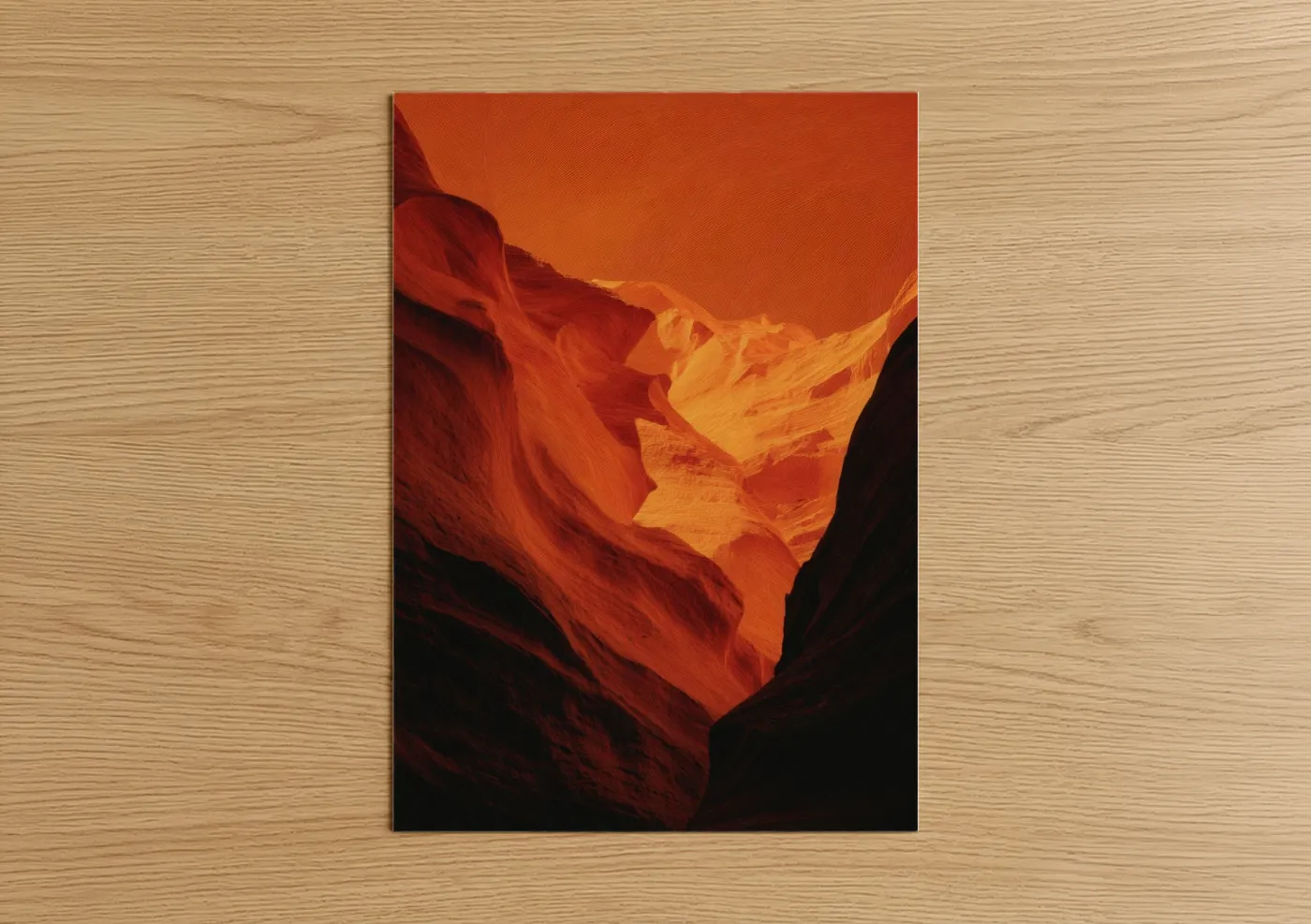 Art print on warm oak wood — orange and red palette — Golden Canyon Sunset poster