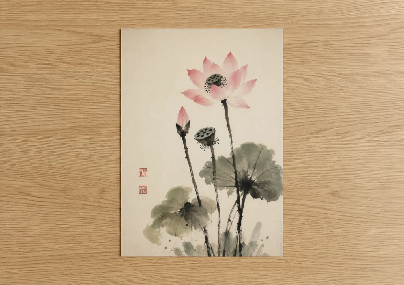 Art print on warm oak wood — pink and sage green palette — Lotus Flower Botanical Wall Art poster