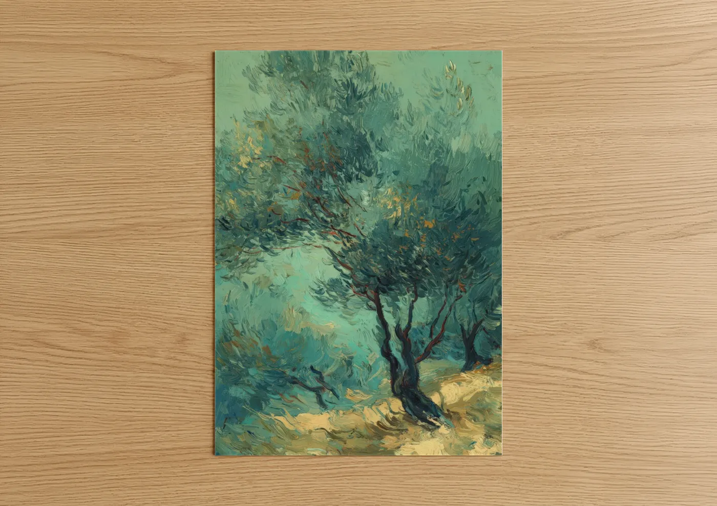 Olive tree art print on warm oak wood — teal and yellow gold palette — Mediterranean Olive Grove poster