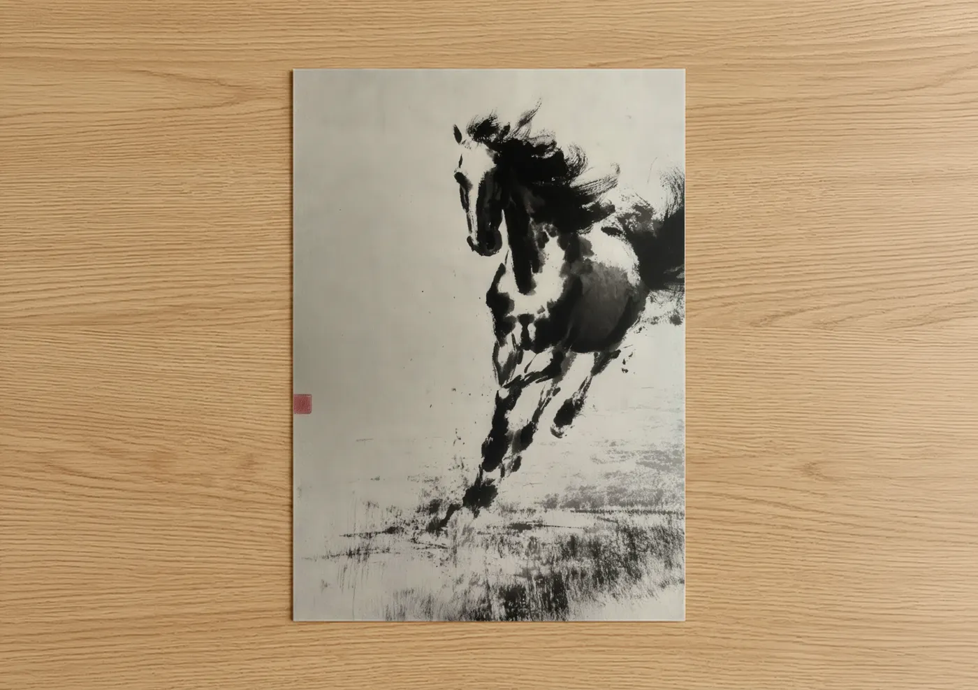Thoroughbred horse art print on warm oak wood — black and white palette — Galloping Thoroughbred poster