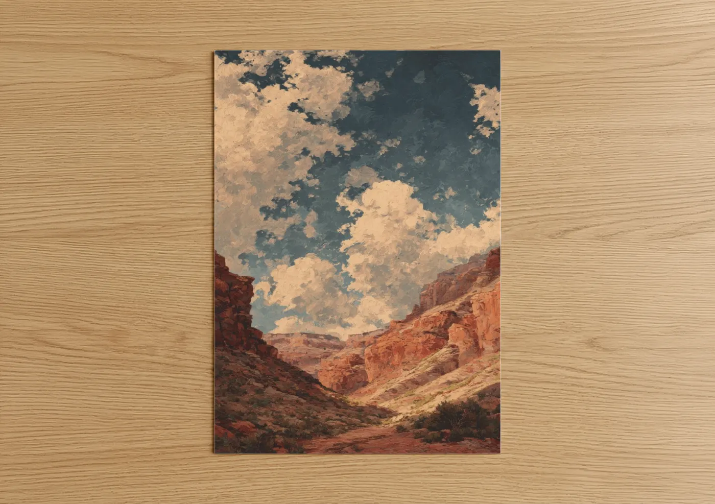Art print on warm oak wood — russet and blue palette — Desert Canyon Sky poster