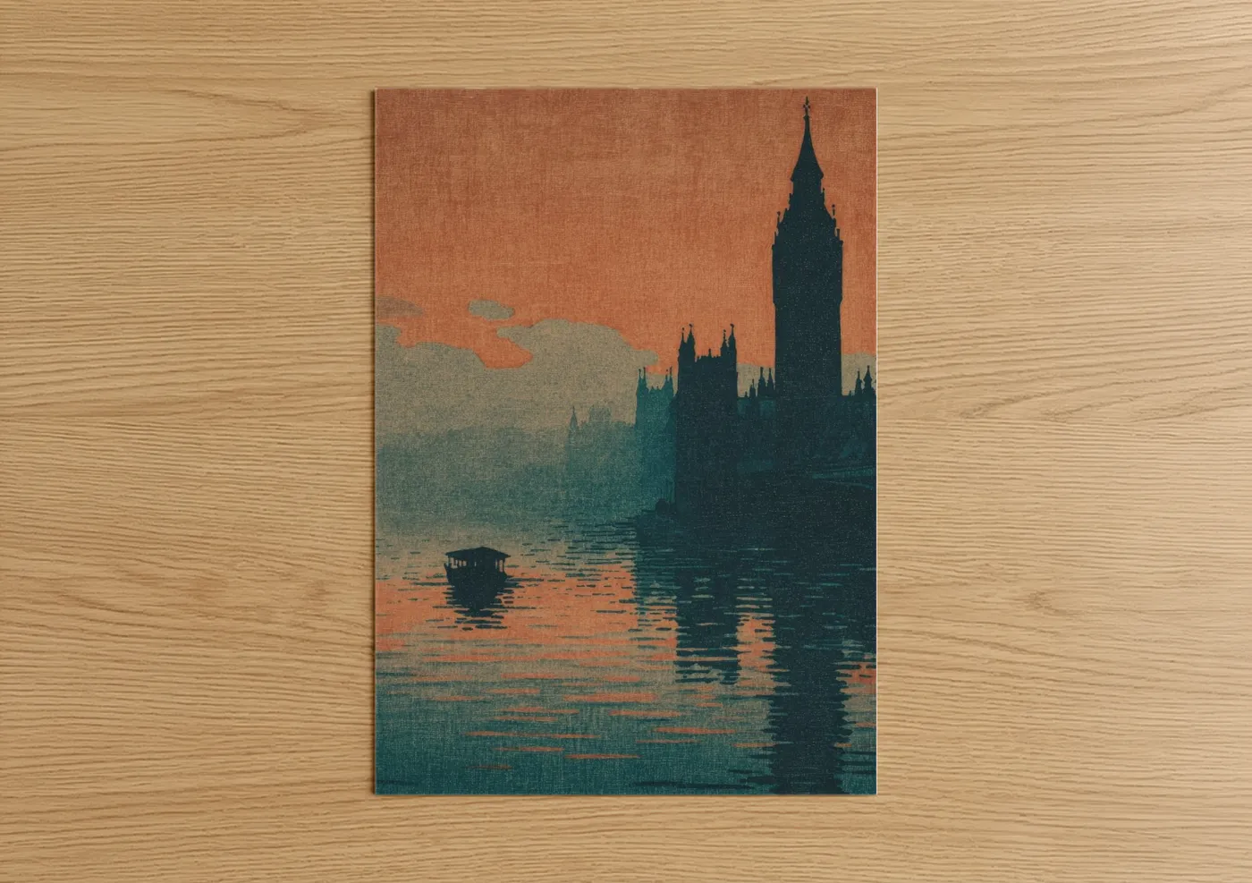 Art print on warm oak wood — orange and teal palette — Crimson Big Ben poster