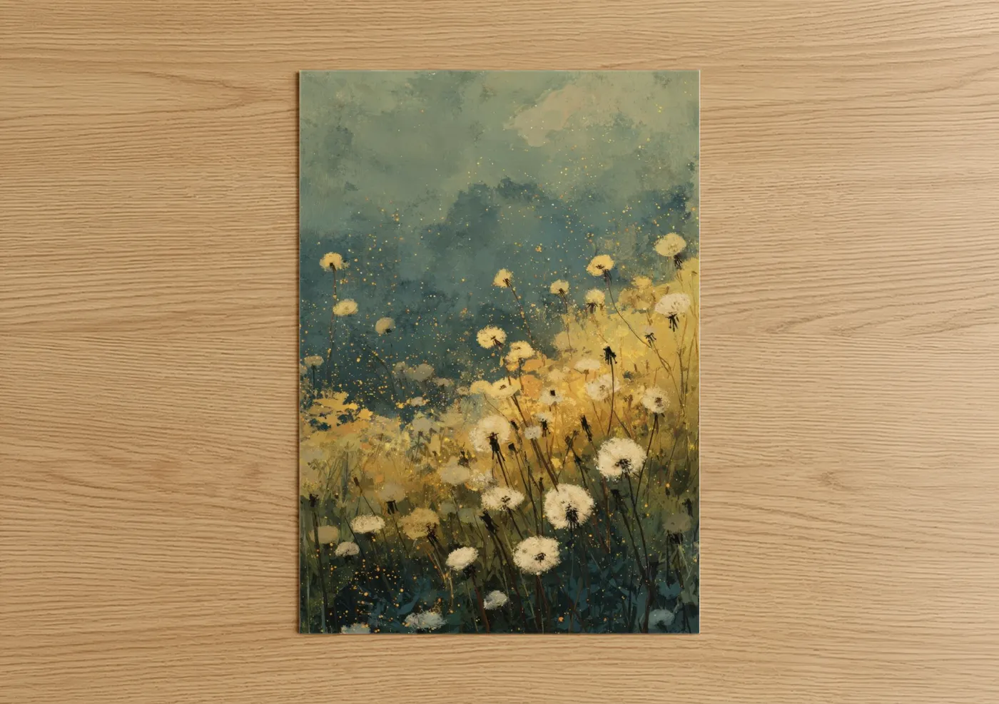 Art print on warm oak wood — sage green and gold palette — Dreamy Dandelion Field poster