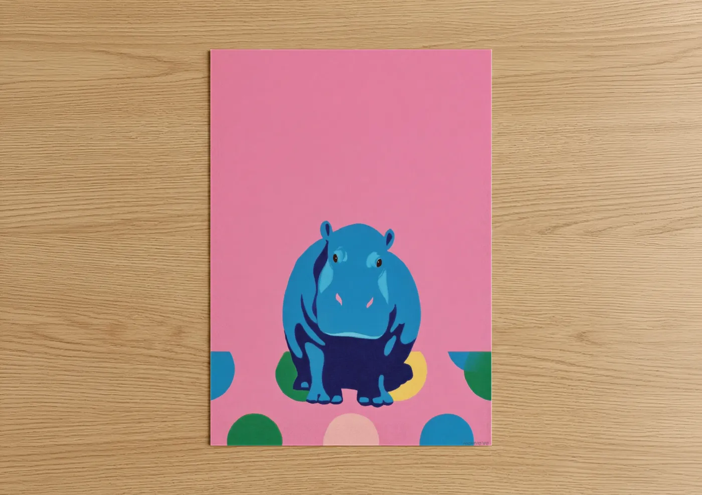 Art print on warm oak wood — blue and pink palette — Cheerful Hippo poster