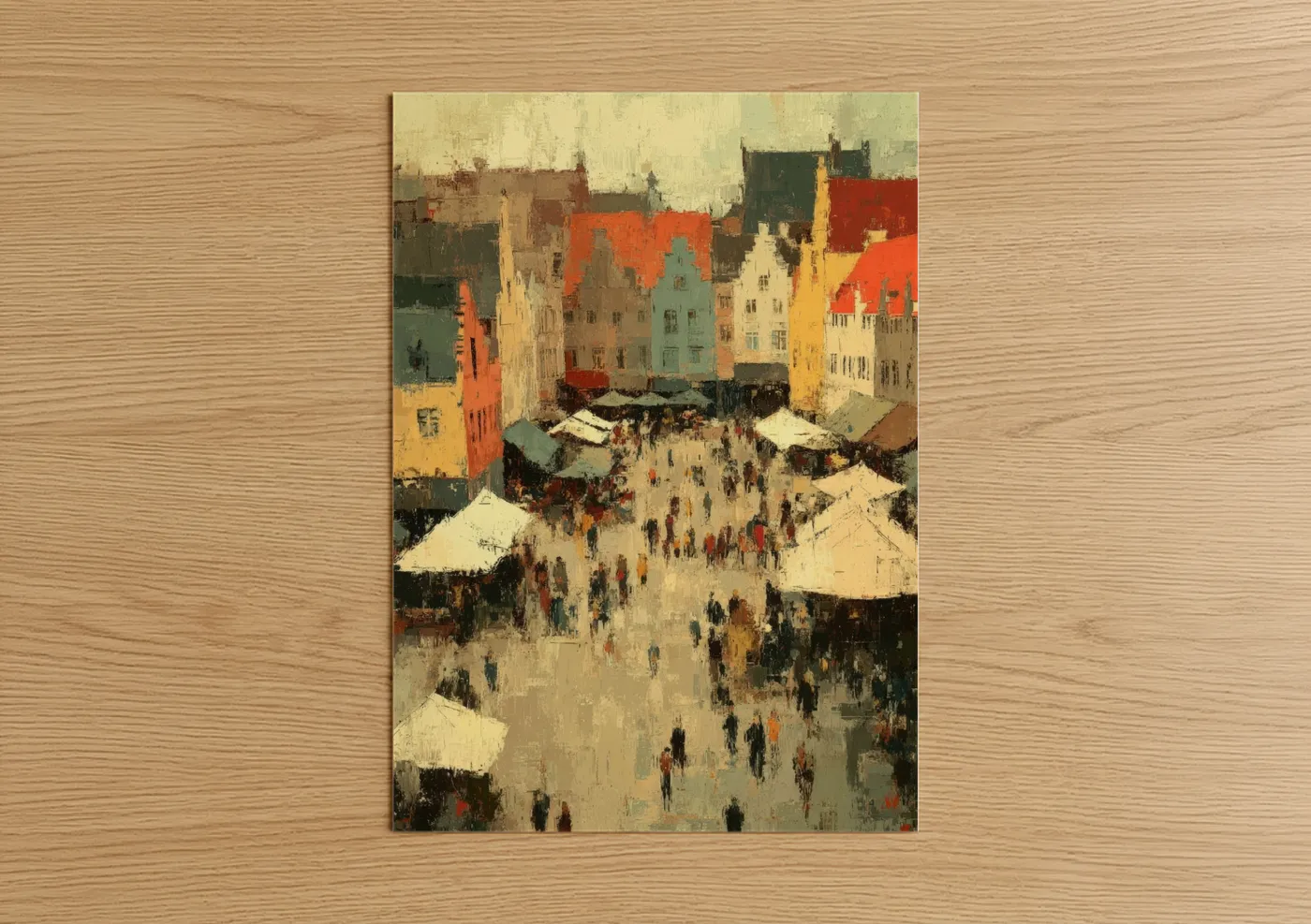 Bustling Market Square Village Painting Wall Art