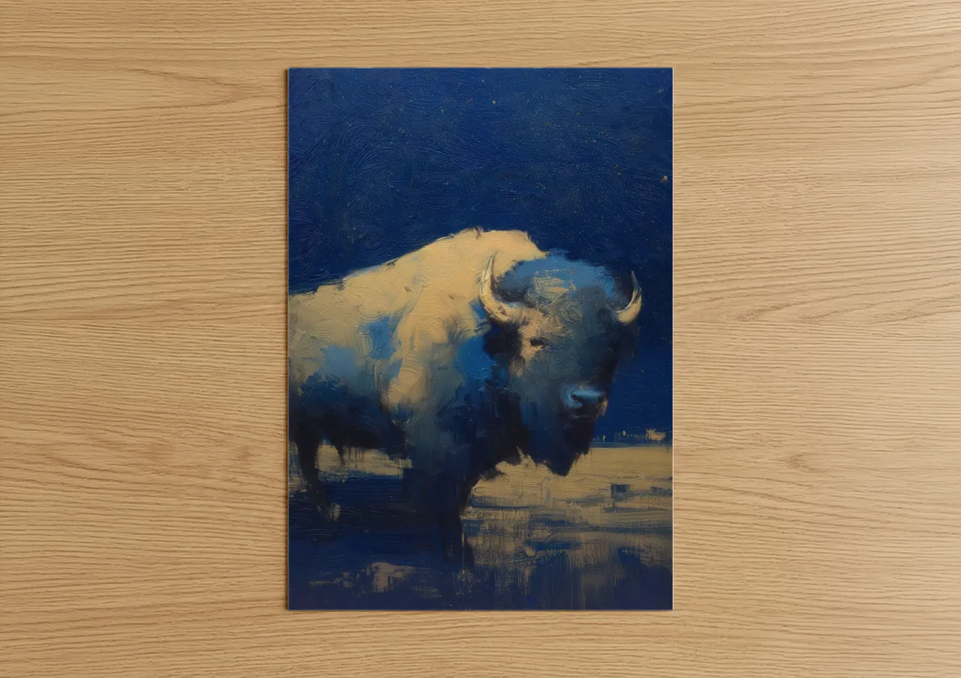 Art print on warm oak wood — blue and gold palette — Golden Bison poster